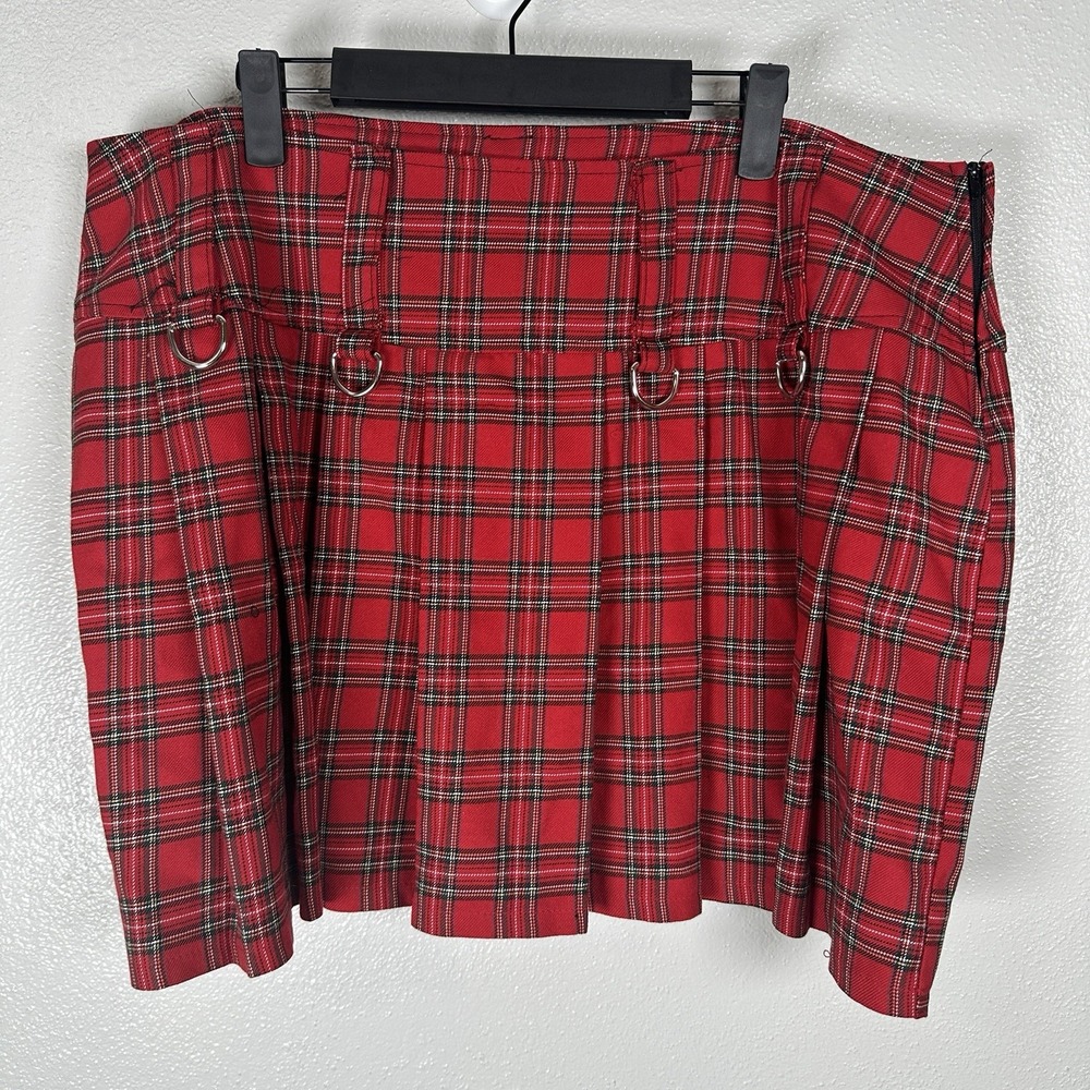Le Metal Lip Service Red Plaid Mini Skirt Sz 16 Skater Pop Hip Hop Grunge D Ring